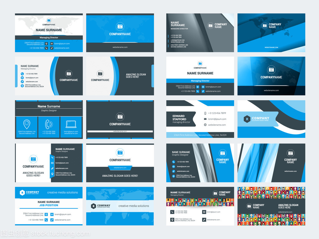 現(xiàn)代創(chuàng)意名片設(shè)計 藍(lán)黑平面風(fēng)格矢量模板集